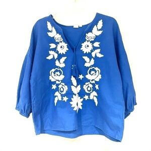 GAP Linen Bland Boho Floral Embroidered Peasant Long Sleeve Blouse Top Shirt